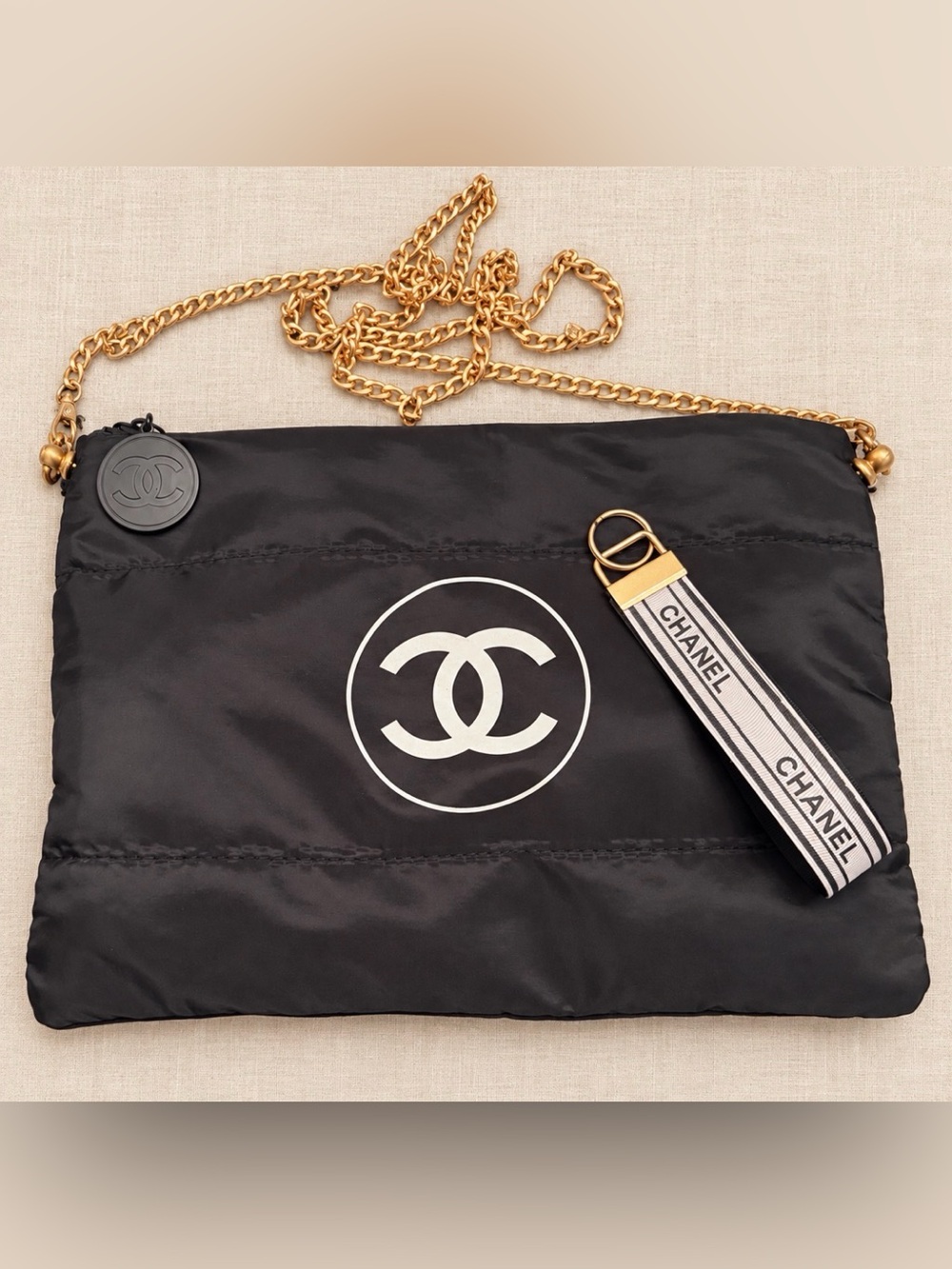 CHANEL GWP Black Nylon Crossbody with Gold Tone Chain and Upcycled Keychain